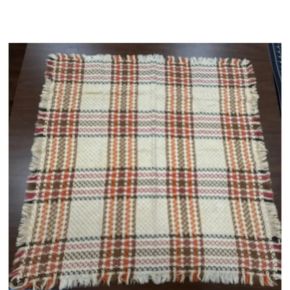 Vintage Cotton Plaid Small Table Covering Fringed Rustic Farmhouse Cabin 32 X 32